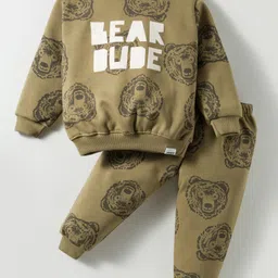 Teddy Fleece Knit Full Sleeves Winter Wear Co-Ord T-Shirt & Joggers Set with Bear Print - Olive Green-image-94