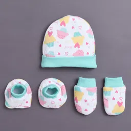BUMZEE Cotton Knit Cupcake Printed Cap Mittens & Booties Mint & White - Diameter 9 cm-picture-22