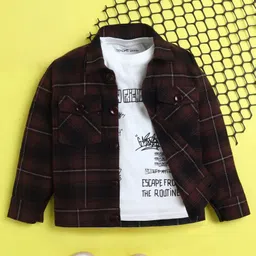 Ministitch Cotton Woven Full Sleeves Plaid Checked Shacket With Hang With Friends Text Printed Tee - Brown-picture-28