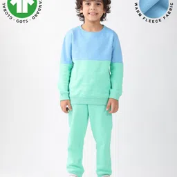 Anthrilo Fleece Knit Full Sleeves Colour Blocked Light Winter Sweatshirt & Joggers Set - Blue & Green-picture-13