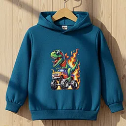 Cutiekins Fleece Knit Full Sleeves Tyrannosaurus With Monster Truck Printed Light Winter Hoodie - Teal Blue-picture-17