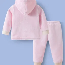 Kookie Kids Full Sleeves Winter Wear Hooded Sweatjacket & Lounge Pant Set with Bunny Patch- Pink image 2