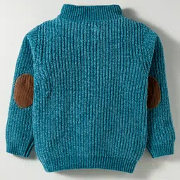 Yellow Apple Knit Full Sleeves Sweater With Kangaroo Pocket - Teal Blue image 2