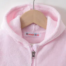 Kookie Kids Full Sleeves Winter Wear Hooded Sweatjacket & Lounge Pant Set with Bunny Patch- Pink image 3