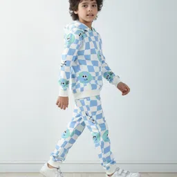 Anthrilo Fleece Knit Full Sleeves Self Checked Winter Hoodie With Coordinating Joggers Set - Off White image 4