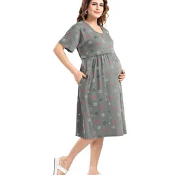 Fabme Sinker Knit Half Sleeves Leaves Printed Maternity Night Dress With Horizontal Zipper Nursing Access - Grey image 5