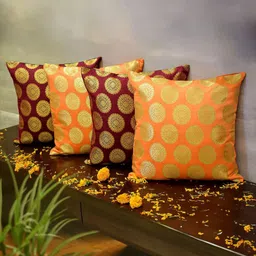 RoyalDeco Maroon & Orange 4 Pieces Ethnic Motifs Brocade Square Cushion Covers-image-15