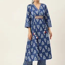 Jaipur Morni Women Blue Printed Angrakha Beads & Stones Pure Cotton Kurta with Trousers-image-77