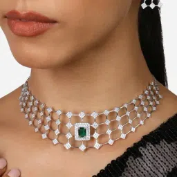 Zaveri Pearls Green Stone Dazzling Cubic Zirconia Brass Choker Necklace & Earring Set-ZPFK17333-picture-40