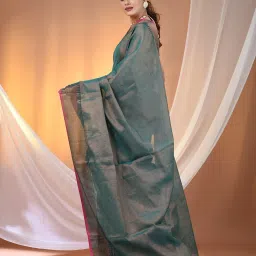 CHARUKRITI Teal Blended Solid Saree With Unstitched Blouse image 2