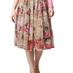 Cation Dark Beige Floral Print A-Line Midi Skirt-image-88