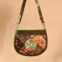 Jaypore Olive Green Embroidered Medium Leather Cross Body Bag-picture-47