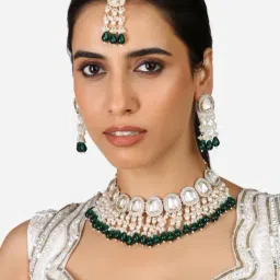 Zaveri Pearls Green Cluster Beaded Drops Stones Choker Necklace Earring & Maangtikka Set-ZPFK17349-picture-20