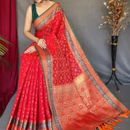Satrani Red Woven Saree With Unstitched Blouse image 2