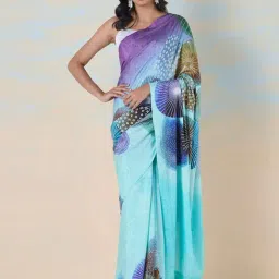 navyasa by liva Blue & Green Printed Saree With Unstitched Blouse-picture-17