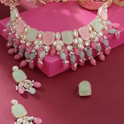 Zaveri Pearls Pink Green Stones Beads Kundan Choker Necklace Earring & Ring Set-ZPFK16119 image 2