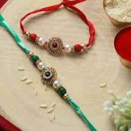 Priyaasi Studded Red & Green Floral Rakhi with Roli Chawal - Set of 2-picture-18