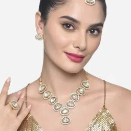 Zaveri Pearls Gold Tone Austrian Diamonds & Stones Necklace Earring Maangtikka & Ring Set-ZPFK16499 image 2
