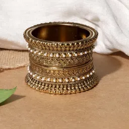 ToniQ Ethnic Traditional Bold Pearl Gold Bangle for Women - Set of 2 image 2