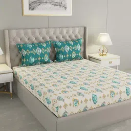 Raymond Home Camphor Cream & Green 144 TC Cotton Queen Bedsheet with 2 Pillow Covers-picture-21