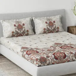 DDECOR Live beautiful Red Cotton Ethnic 145 TC King Fitted Bedsheet with 2 Pillow Covers image 2