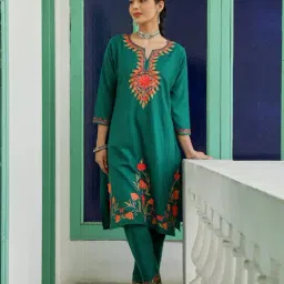 House Of Chikankari Teal Cotton Straight Fit Aari Kurta Set-image-7