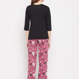 Clovia Black & Pink Cotton Printed Top With Pyjamas image 2