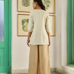 House Of Chikankari Cream Cotton Straight Fit Aari Short Kurta image 2