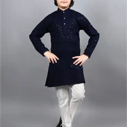 Ahhaaaa Kids Navy & White Embellished Full Sleeves Kurta With Pyjamas-picture-16