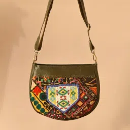 Jaypore Olive Green Embroidered Medium Leather Cross Body Bag-picture-26