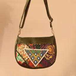 Jaypore Olive Green Embroidered Medium Leather Cross Body Bag-picture-33