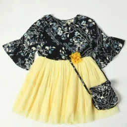 Bella Moda Kids Navy & Yellow Floral Print Fit & Flare Dress with Bag-picture-21