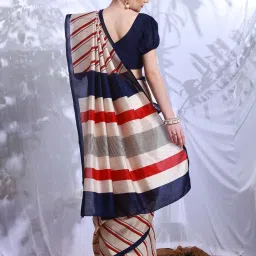 Saree Mall Beige Striped Saree With Unstitched Blouse image 2