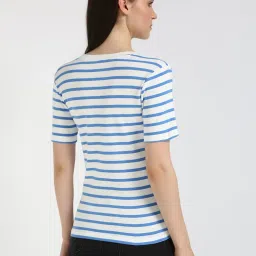 TOMMY HILFIGER Ecru & Blue Horizontal Stripes Slim Fit Cotton T-Shirt image 2