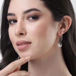 NVR Rhodium-Plated Pearl Beaded Drop Earrings for Women image 2