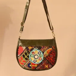 Jaypore Olive Green Embroidered Medium Leather Cross Body Bag-picture-15