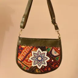 Jaypore Olive Green Embroidered Medium Leather Cross Body Bag-picture-19