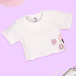 Kiddopanti Kids Girls White Cotton Rib Crop Top With 3d Flower Crochet-picture-14