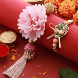 Saraf RS Jewellery Pink Stones & Pearl Beaded Rakhi Lumba Set-image-0