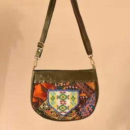 Jaypore Olive Green Embroidered Medium Leather Cross Body Bag-picture-38