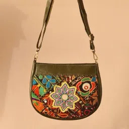 Jaypore Olive Green Embroidered Medium Leather Cross Body Bag-picture-27