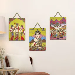 ArtVibes 3-Pcs Yellow & Red Hindu Deity Printed Wooden Wall Hanging Decor image 3