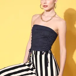 Veni Vidi Vici Navy Blue Suede Finish Ruched Off-Shoulder Tube Crop Top image 2