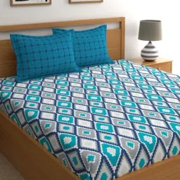 Home Ecstasy 140TC 100% Cotton Geometric Teal Blue Double Bedsheet with 2 Pillow Cover-picture-17