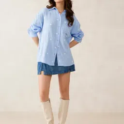 VIRGIO Blue Cotton Embroidery Long Sleeves Shirt-image-33