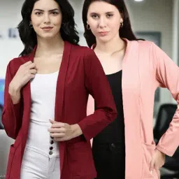 Kryptic Maroon and Dusty Pink Cotton Solid Open Front Shrug with Pockets, Pack of 2-picture-46