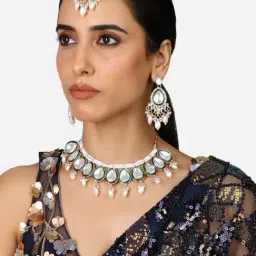 Zaveri Pearls Green Meenakari Kundan Pearls Choker Necklace Earring & Maangtikka Set-ZPFK17362-image-61