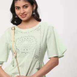 R&B Light Green Cotton Embellished Midi Dress image 3