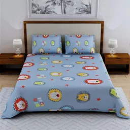 Salona Bichona Blue Conversational 144 TC Polyester 1 Queen Bedsheet with 2 Pillow Covers image 3