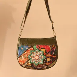 Jaypore Olive Green Embroidered Medium Leather Cross Body Bag-picture-43